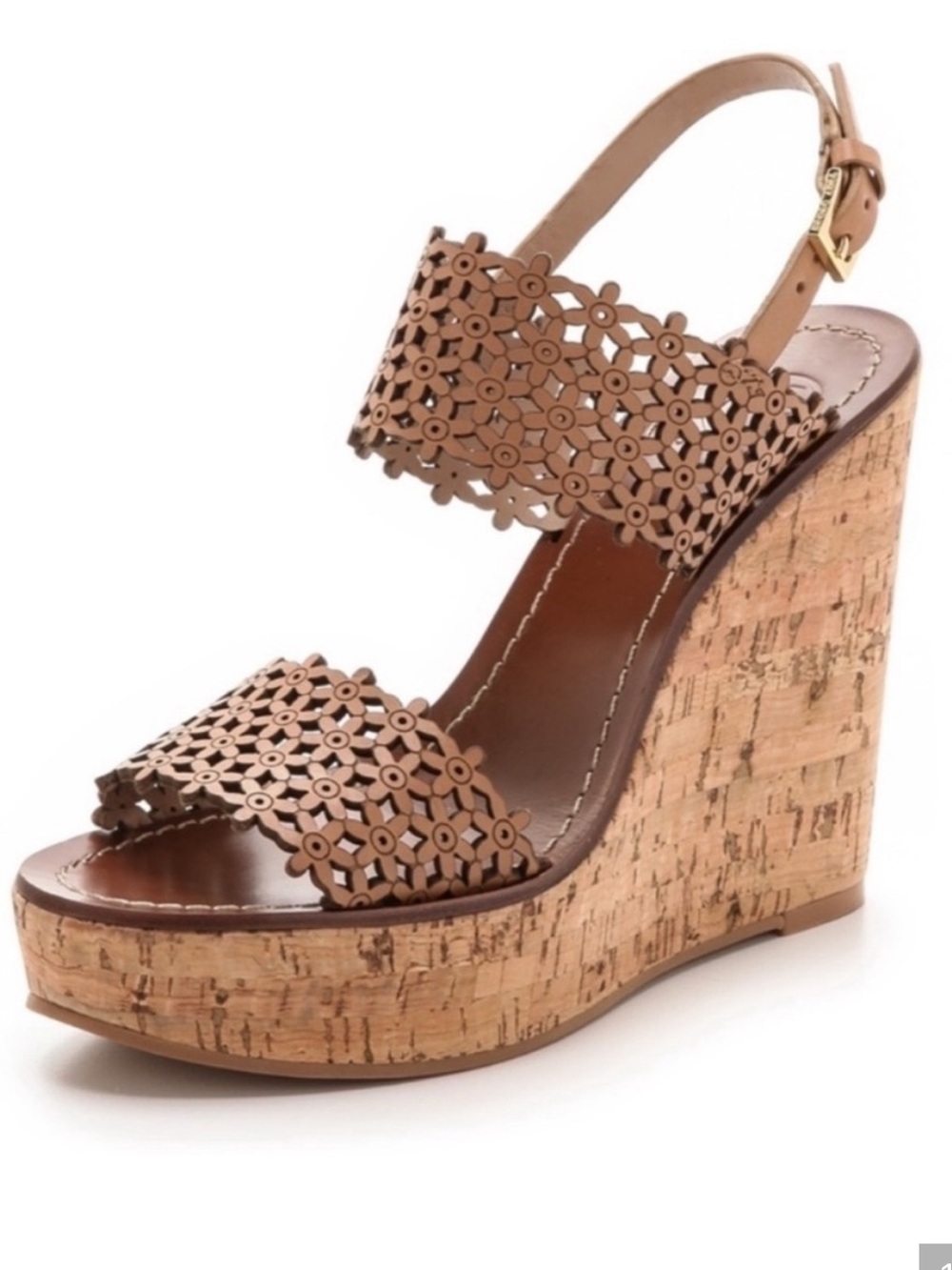 Tory Burch Tan Floral Laser-Cut Cork Wedge Sandals Size 11